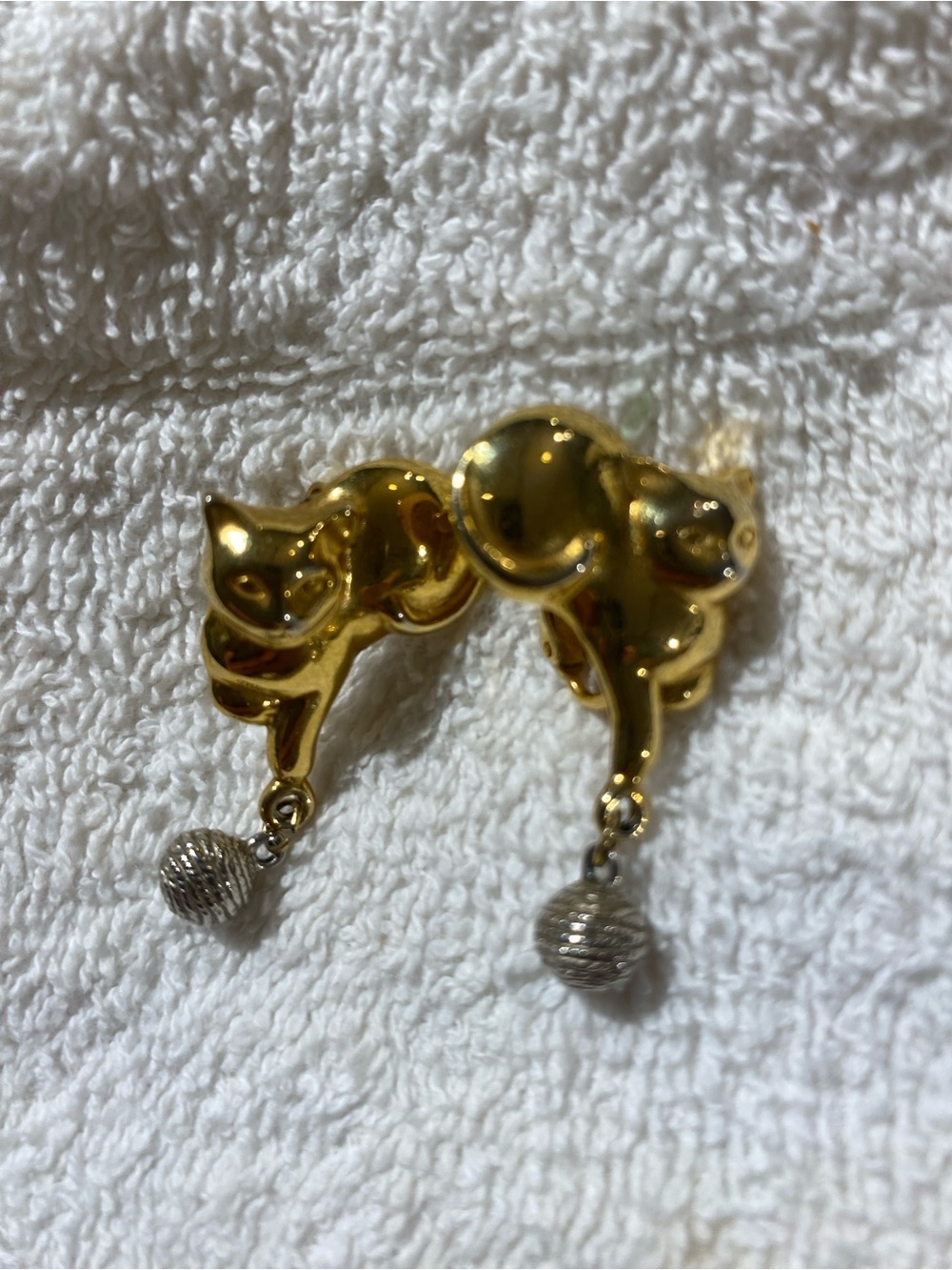 Gold Cat Drop Clip On Earrings with Silver Sphere Accent (RR)